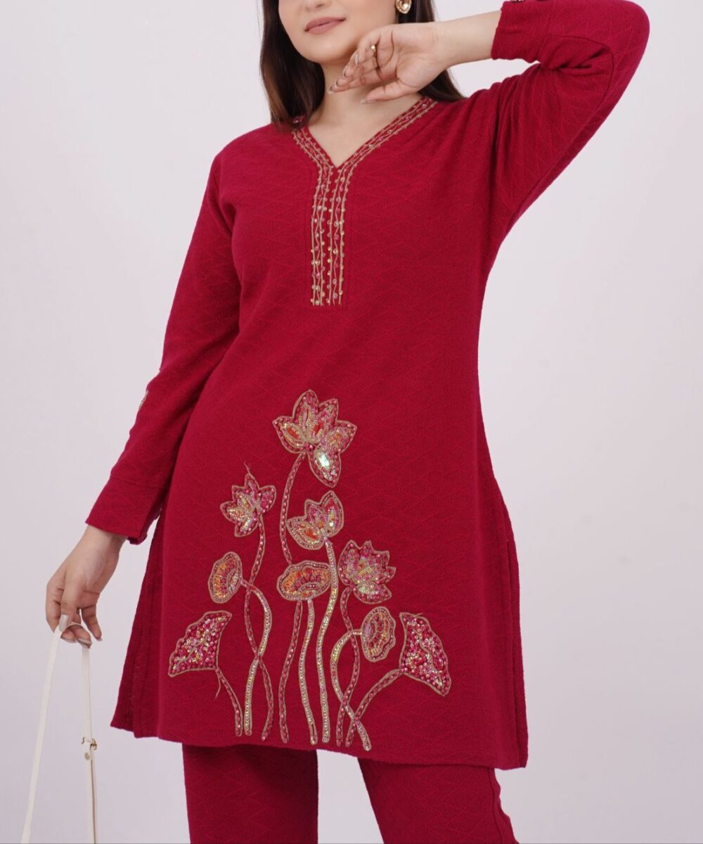 Crimson Lotus Embroidered Woolen Kurta Set