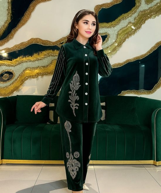 Emerald Velvet Embroidered Cord Set