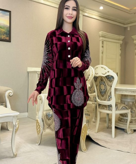 Royal Merlot Velvet Embroidered Cord Set