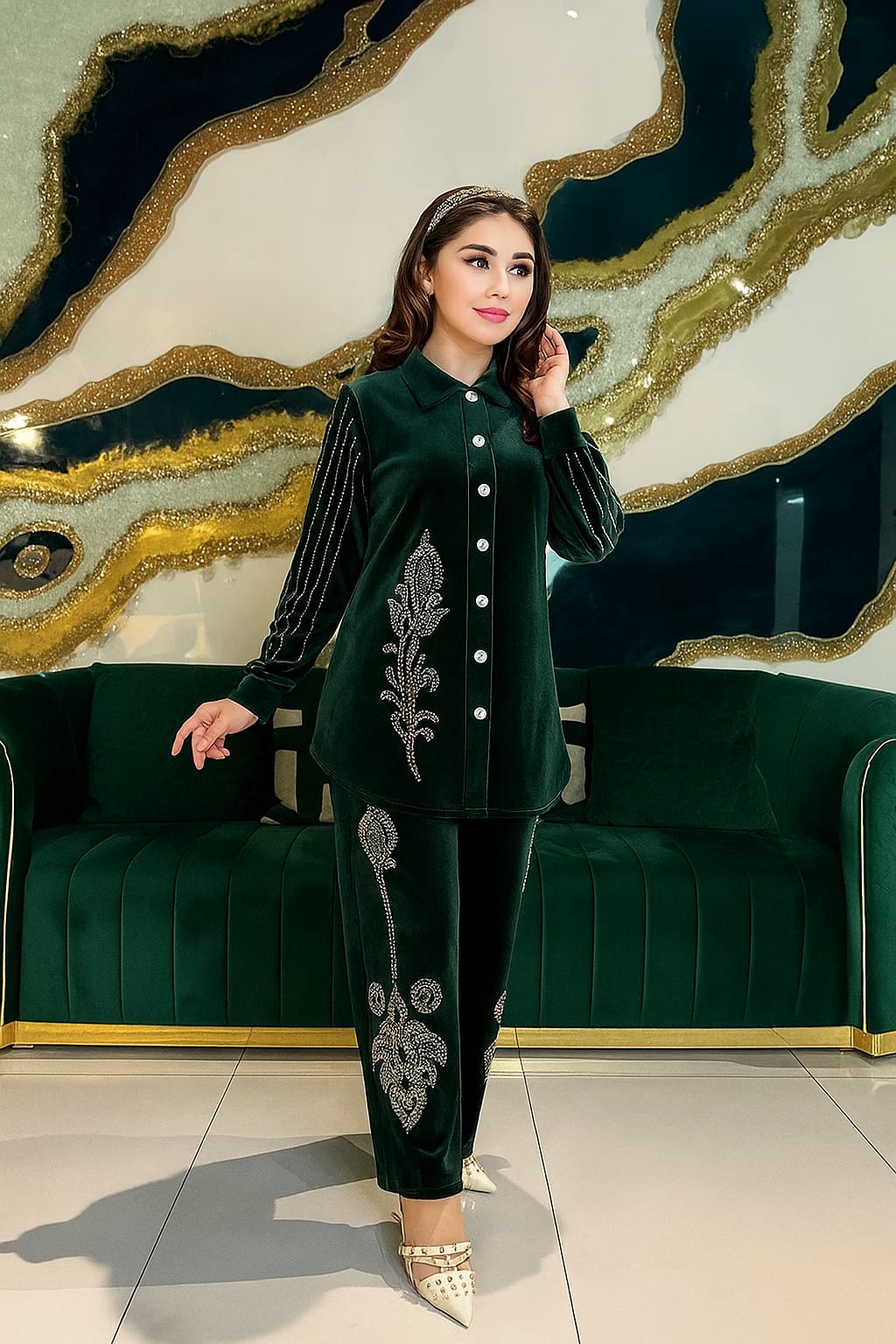 Emerald Velvet Embroidered Cord Set