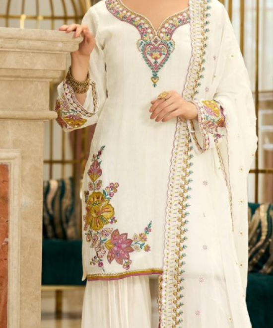 Aarohi Ivory Embroidered Kurta Set with Sharara & Dupatta