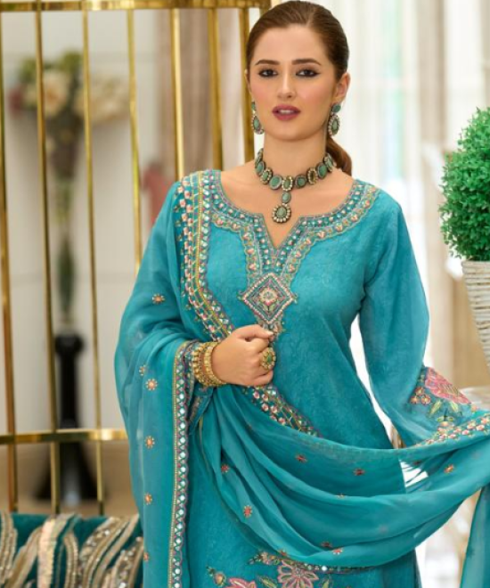 Zehra Teal Embroidered Kurta Set with Sharara & Dupatta